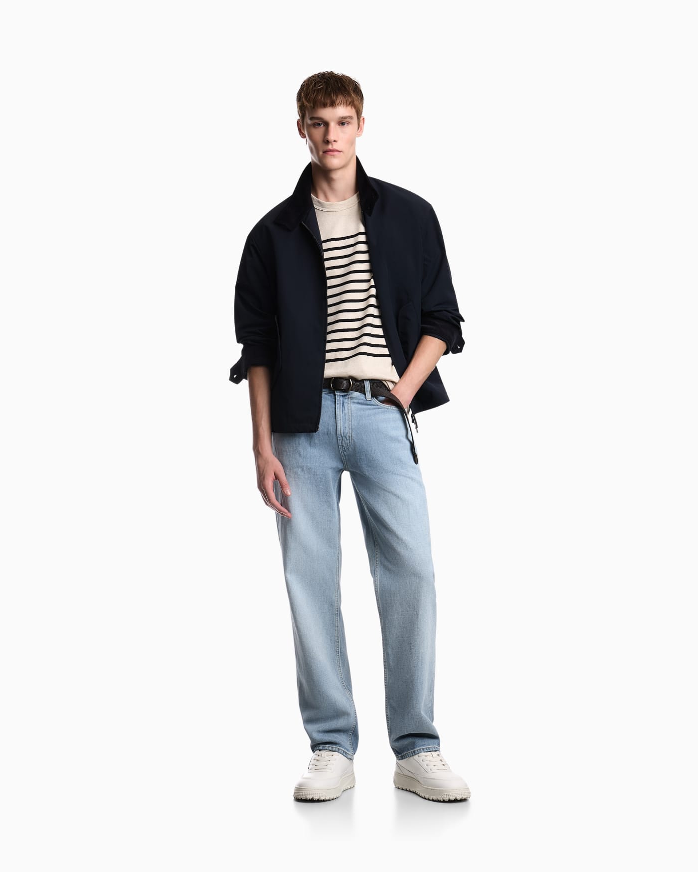 Jumper in striped cotton jersey with shoulder button