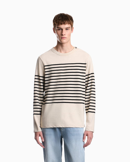 Jumper in striped cotton jersey with shoulder button