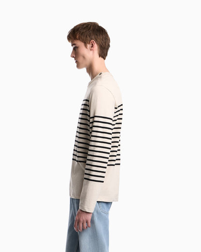 Jumper in striped cotton jersey with shoulder button