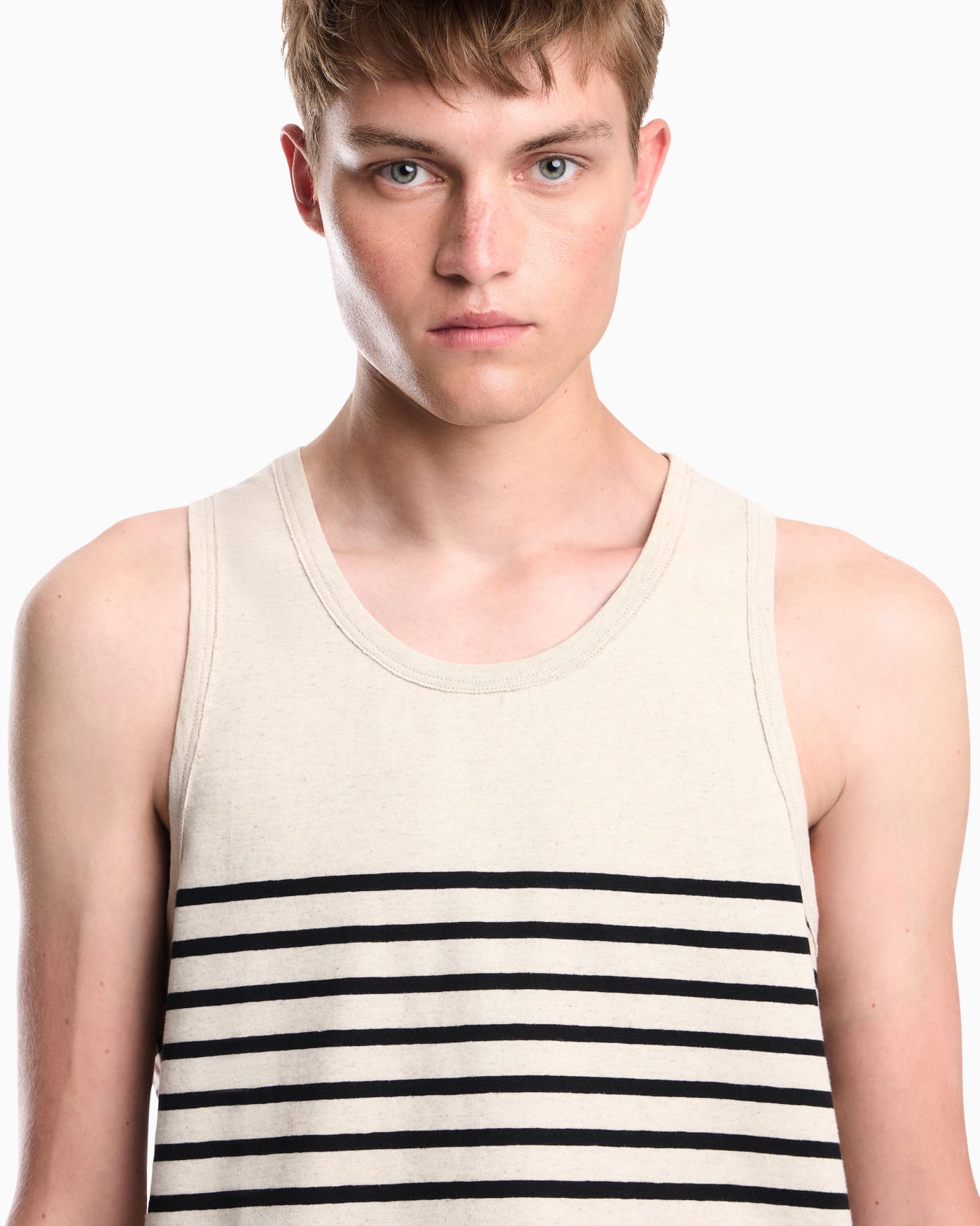 Tank top in cotton and linen jersey with horizontal stripes