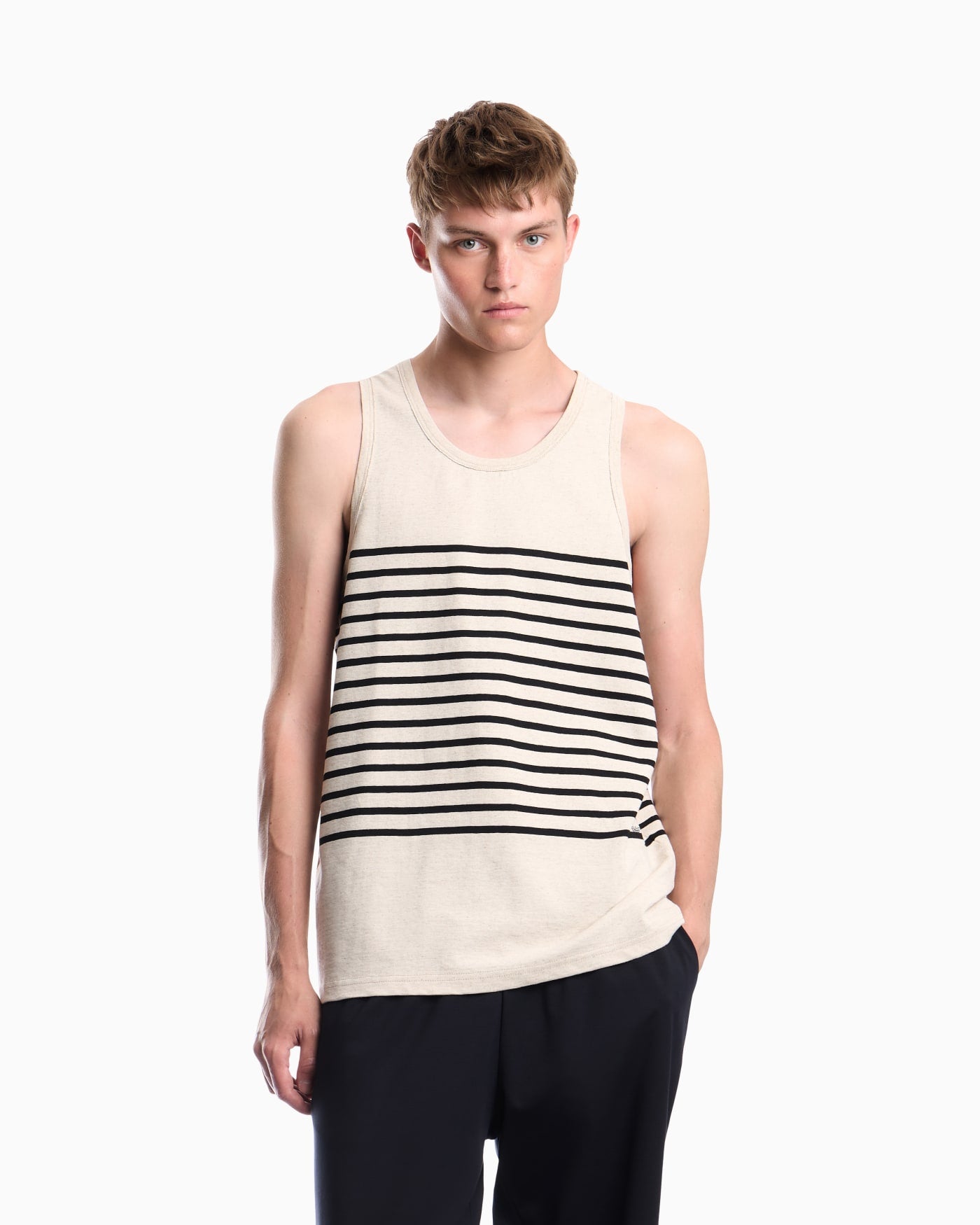 Tank top in cotton and linen jersey with horizontal stripes