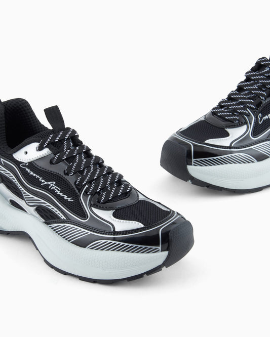 Mesh sneakers with laminated details and signature logo