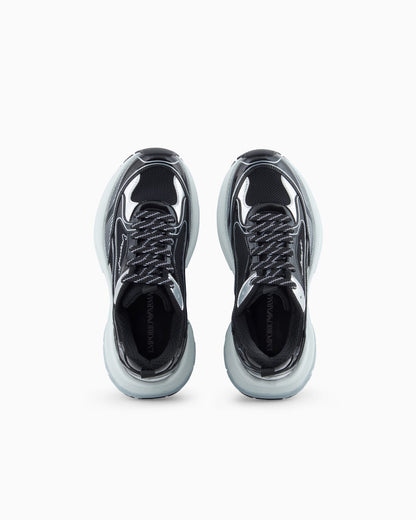 Mesh sneakers with laminated details and signature logo