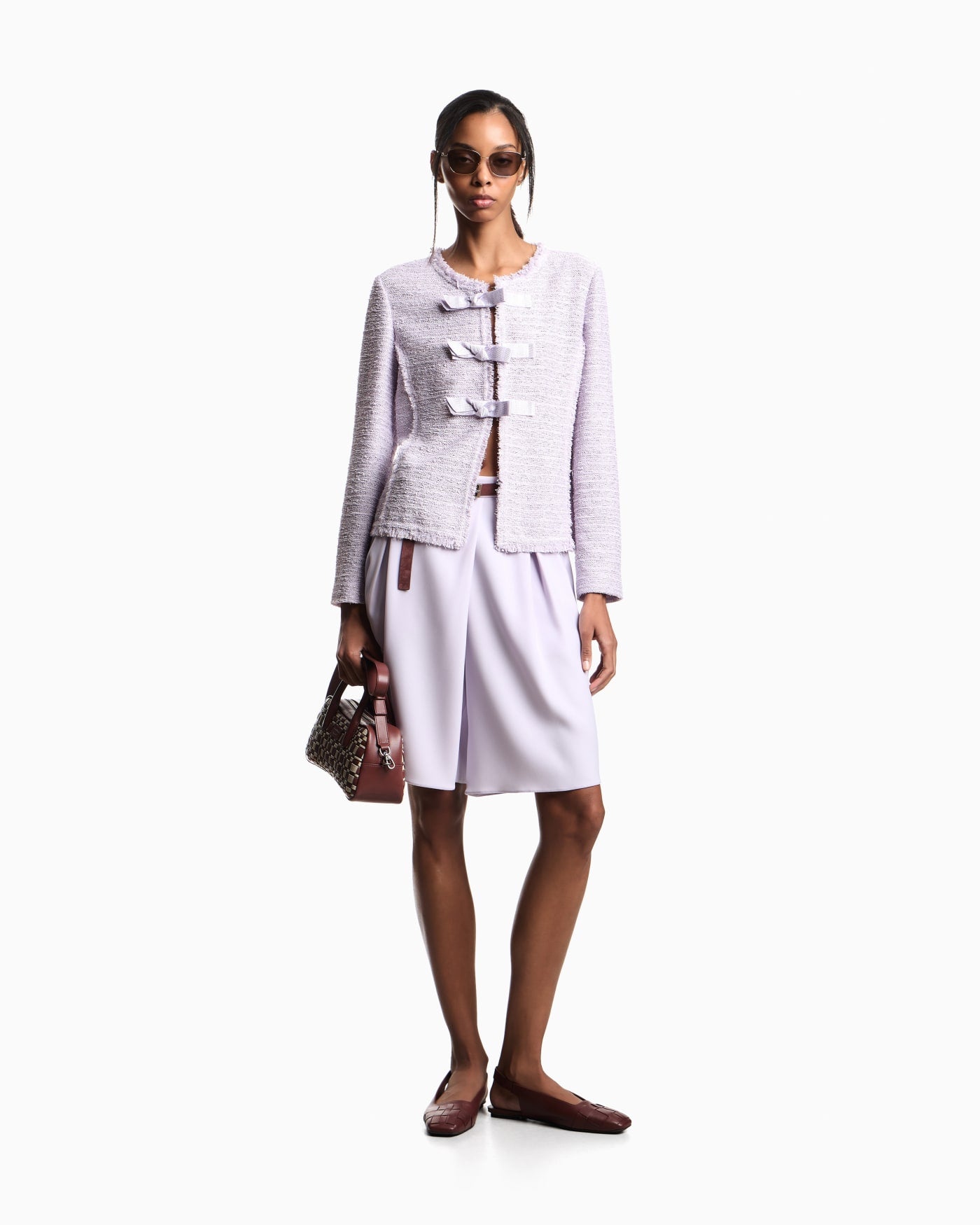 Unlined textured jacket with ottoman bows and round neckline