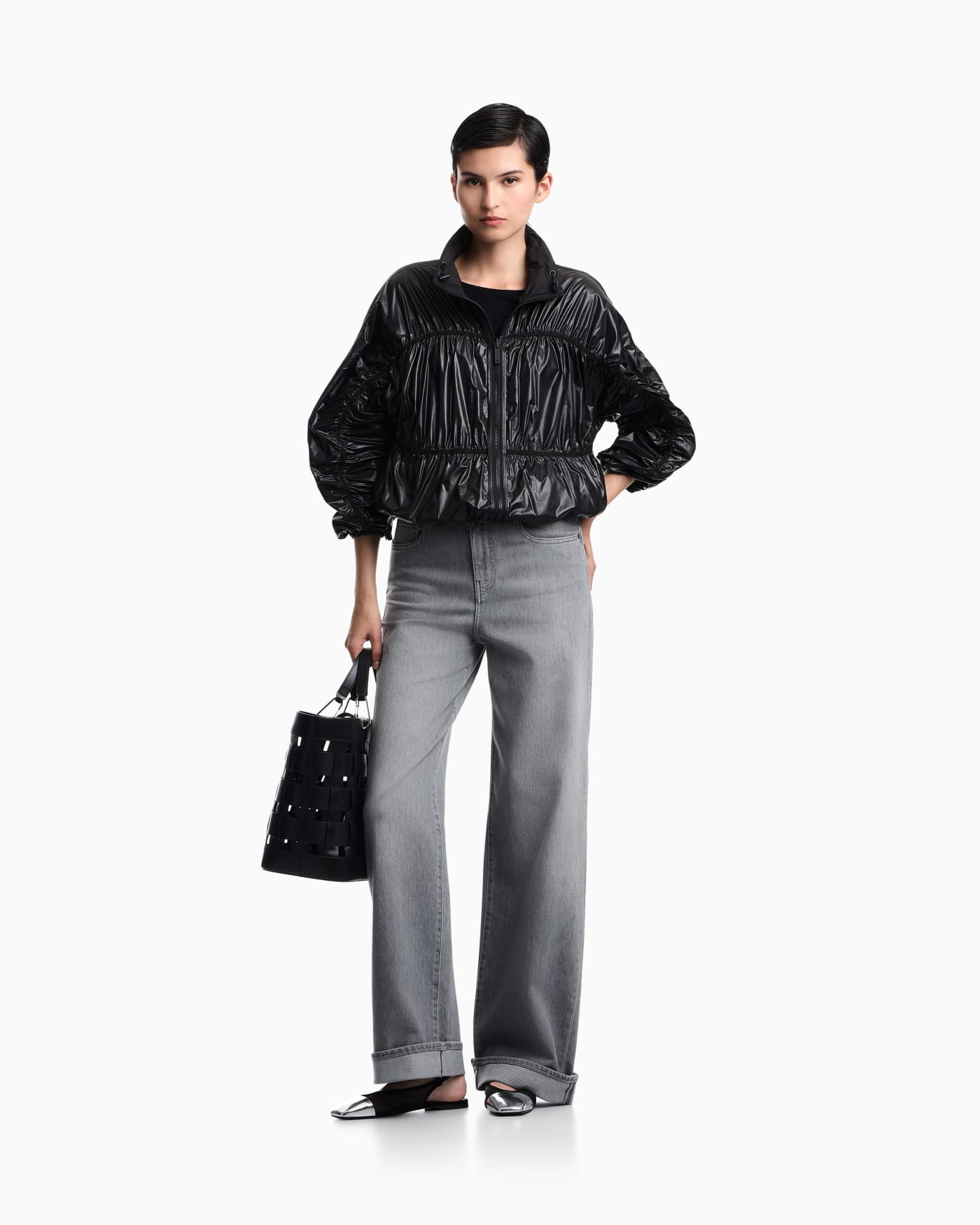 Reversible blouson jacket with matte and shiny finishes
