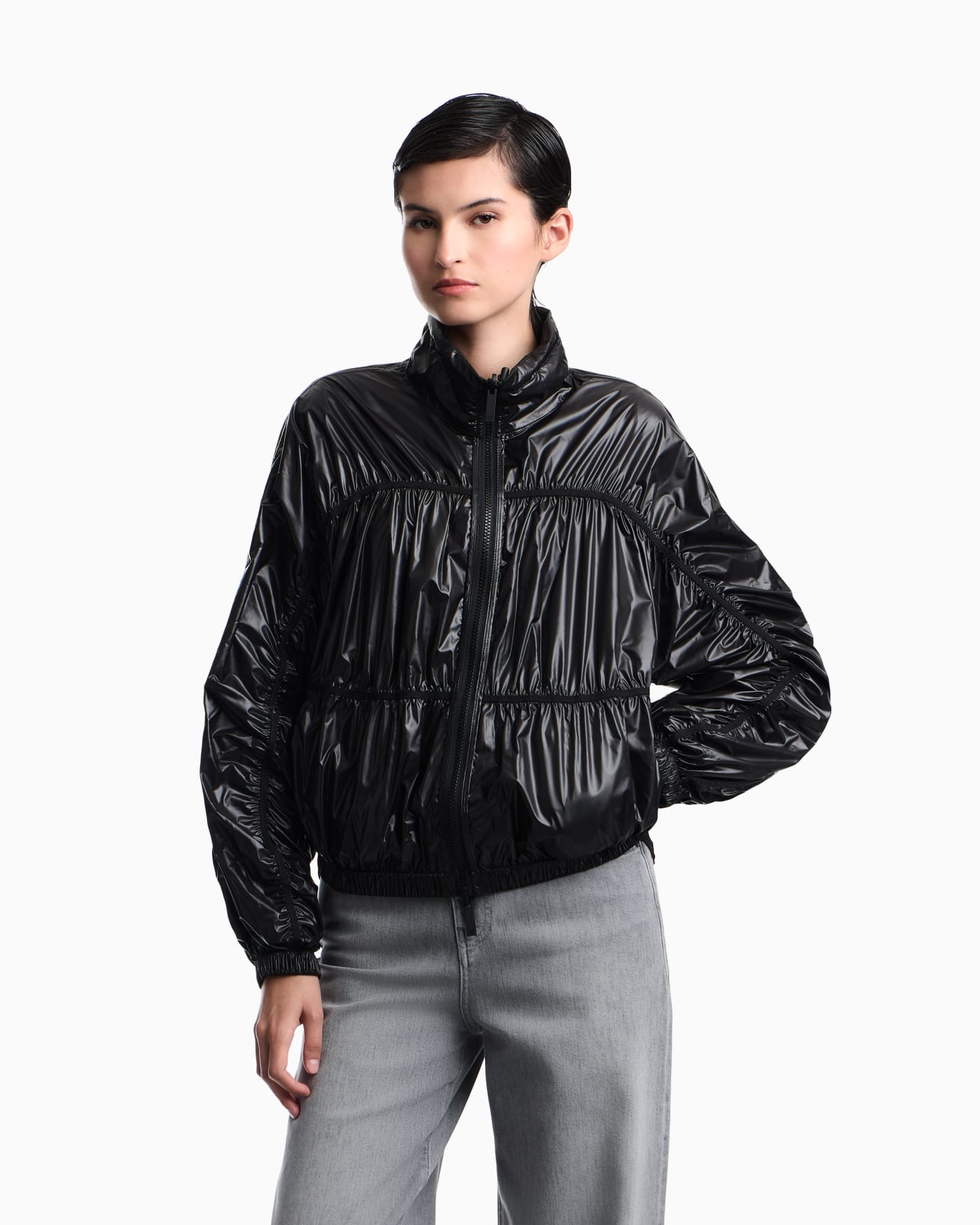 Reversible blouson jacket with matte and shiny finishes