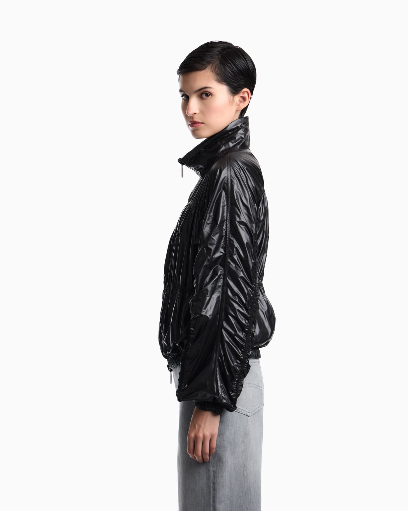 Reversible blouson jacket with matte and shiny finishes