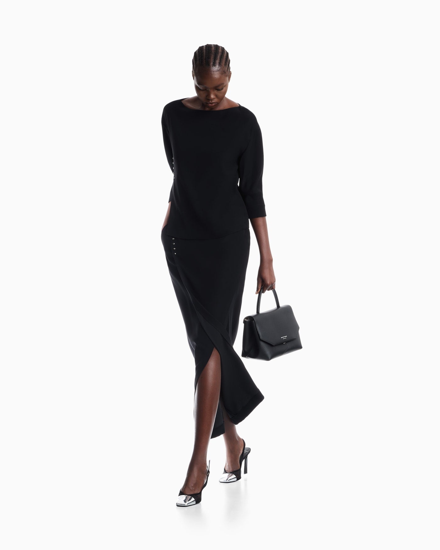 Unlined wrap skirt in techno cady with metallic buttons
