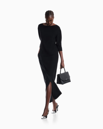Unlined wrap skirt in techno cady with metallic buttons