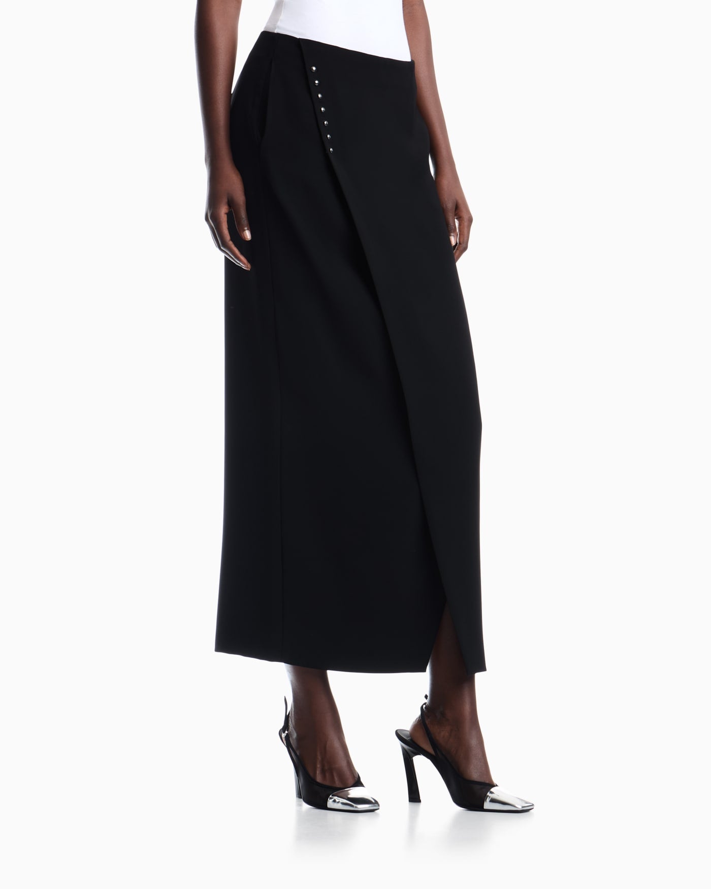 Unlined wrap skirt in techno cady with metallic buttons