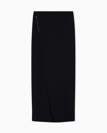 Unlined wrap skirt in techno cady with metallic buttons