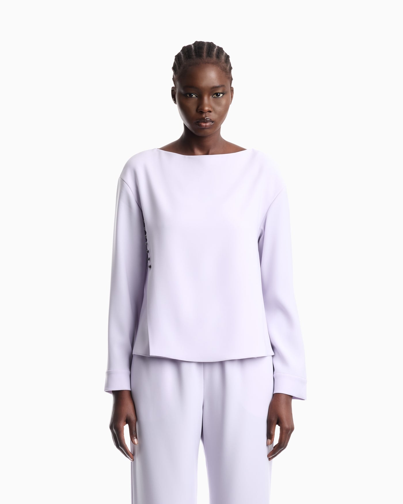Unlined top in techno cady with stud rivets and buttonholes