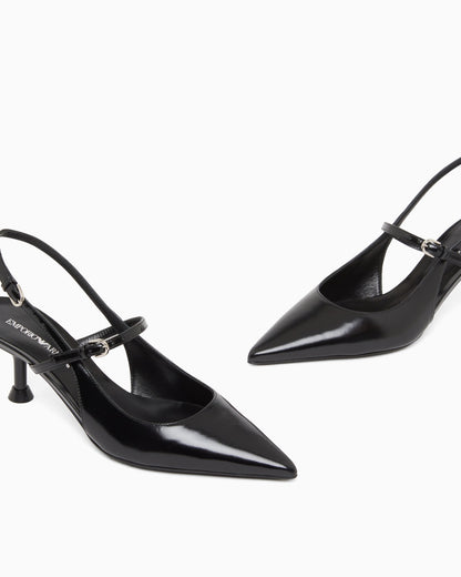 Shiny polished leather slingback court shoes