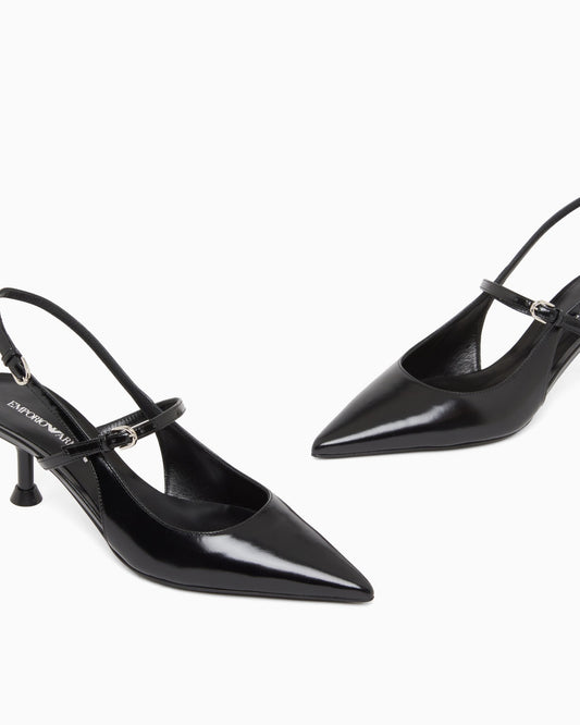 Shiny polished leather slingback court shoes