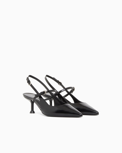 Shiny polished leather slingback court shoes