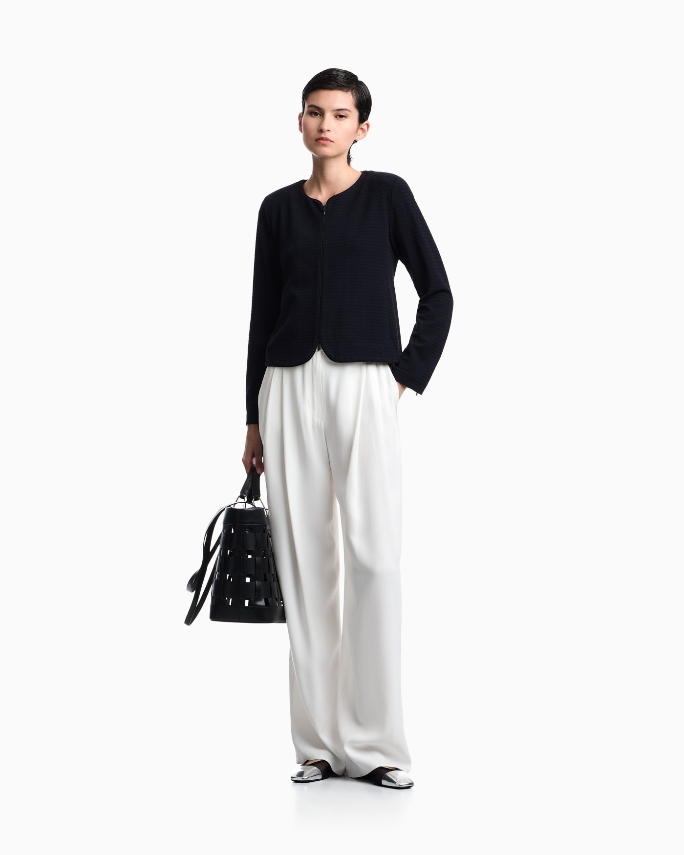 Slim-fit round-neck blazer in jacquard jersey with zipper