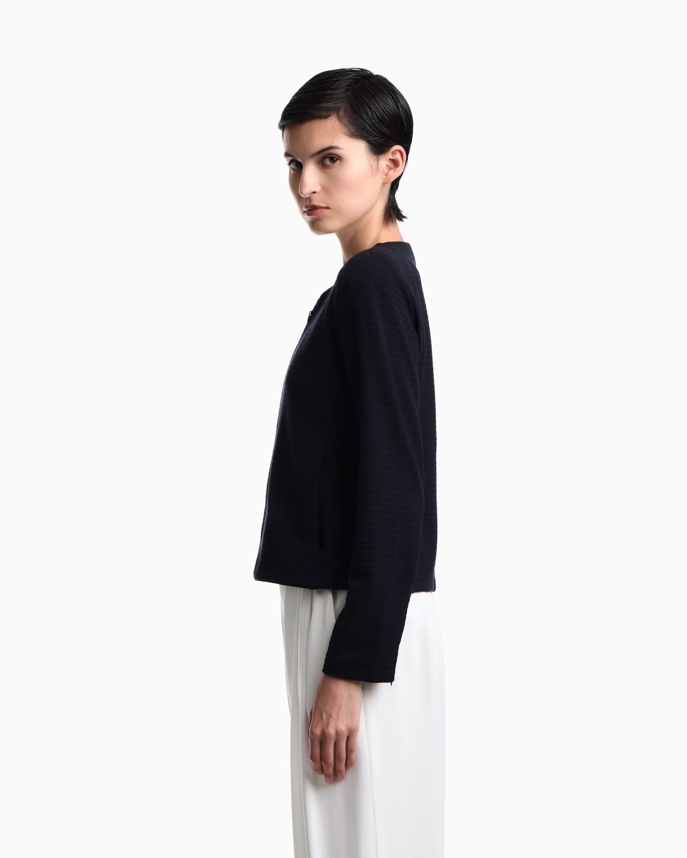 Slim-fit round-neck blazer in jacquard jersey with zipper