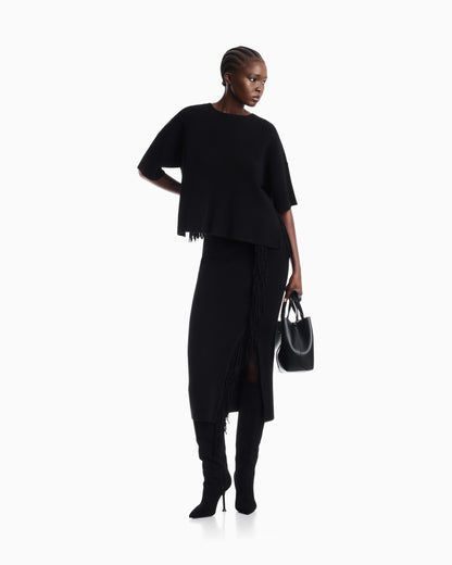 Cardigan in viscose ottoman with round neck and fringe