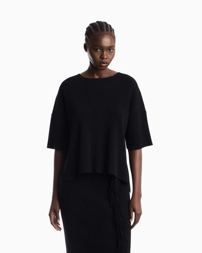 Cardigan in viscose ottoman with round neck and fringe
