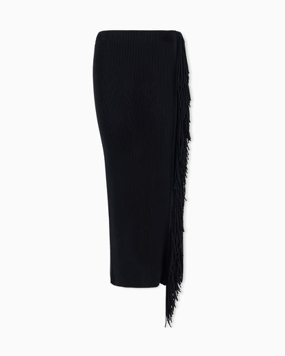 High-waisted viscose skirt with a slit and side fringe