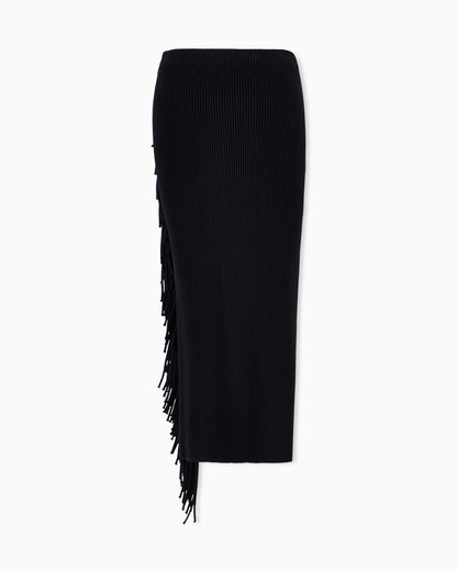 High-waisted viscose skirt with a slit and side fringe