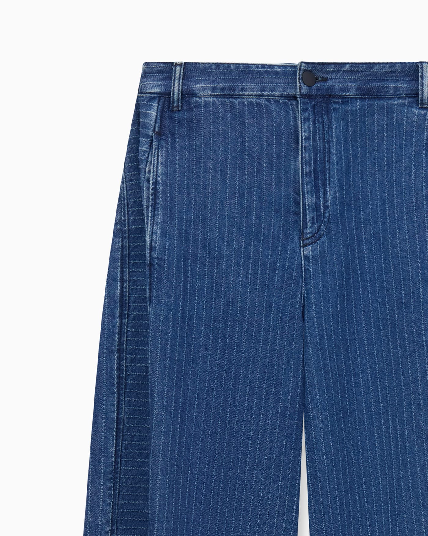 Five-pocket pinstriped denim pants with side bows