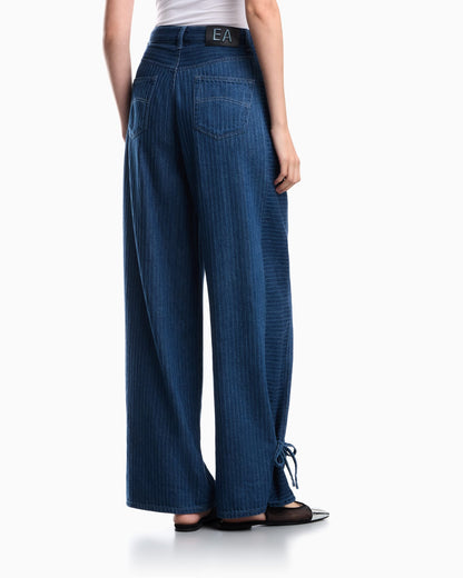 Five-pocket pinstriped denim pants with side bows