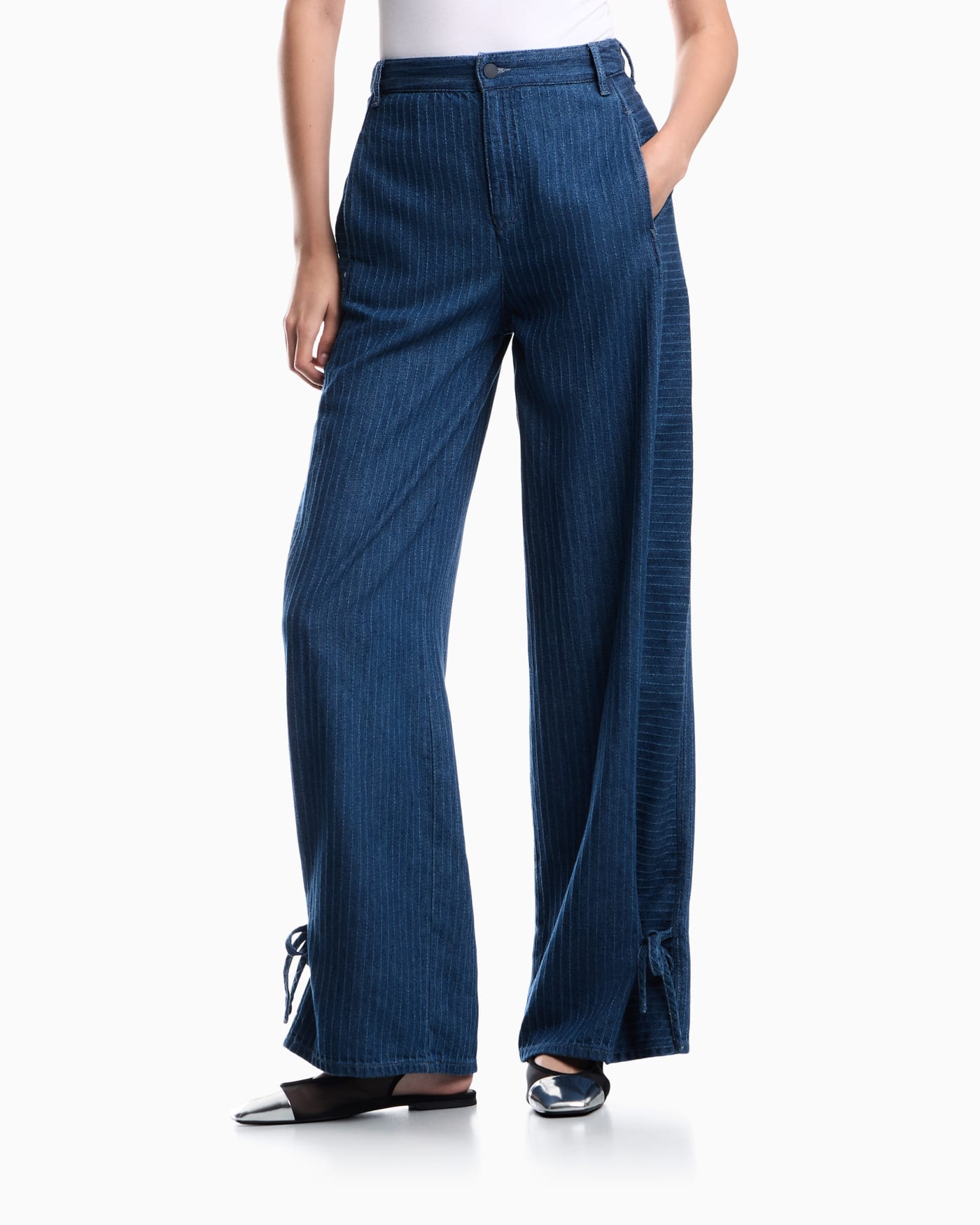 Five-pocket pinstriped denim pants with side bows