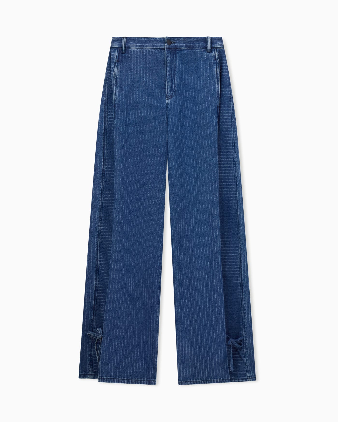 Five-pocket pinstriped denim pants with side bows