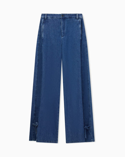 Five-pocket pinstriped denim pants with side bows