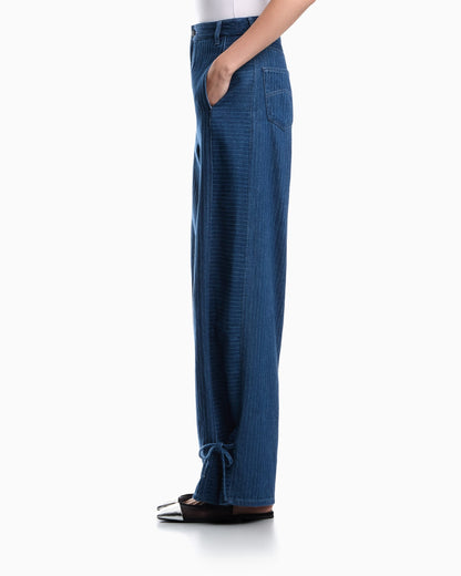 Five-pocket pinstriped denim pants with side bows