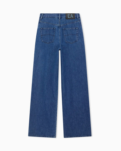 Five-pocket pinstriped denim pants with side bows