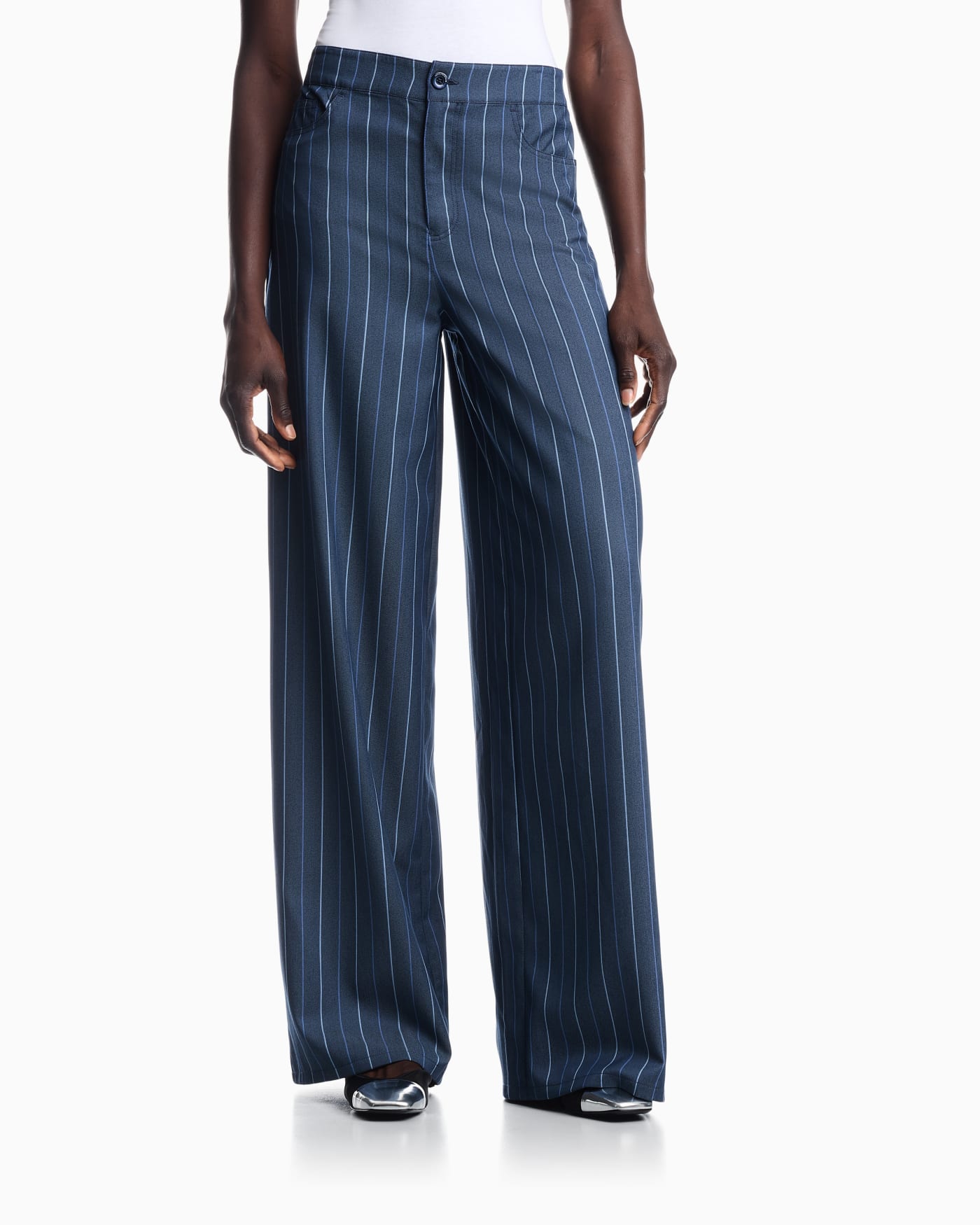 Trousers in jacquard striped denim with a wide leg