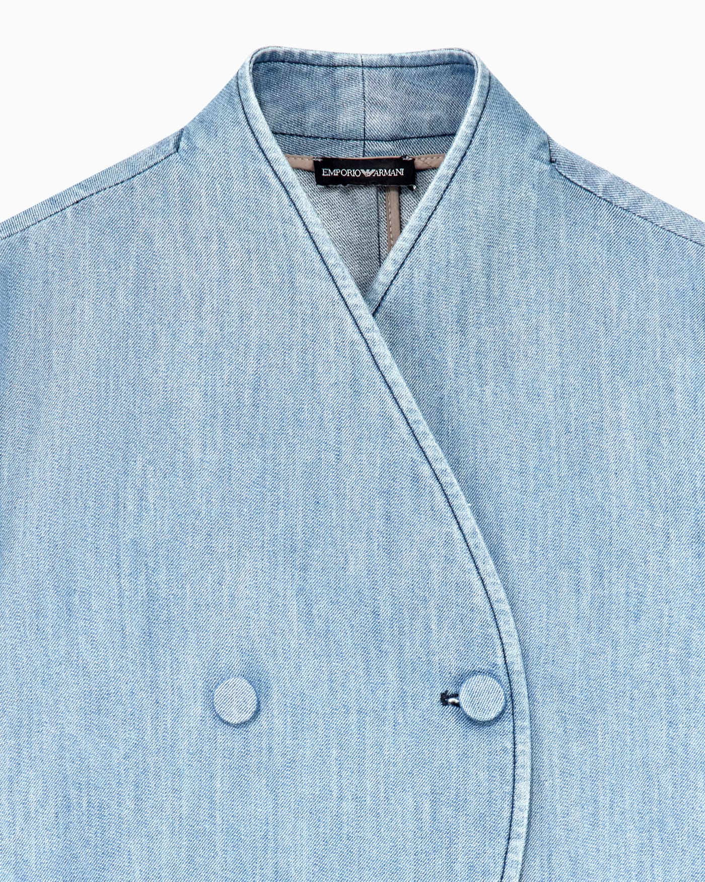 Blazer in metal-look denim with double-breasted wrap front