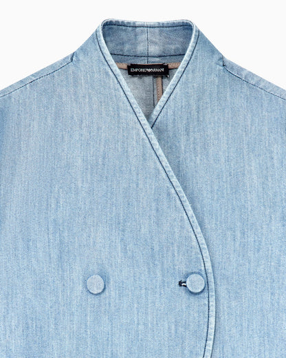 Blazer in metal-look denim with double-breasted wrap front