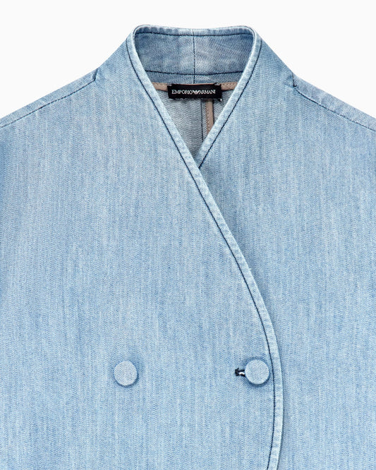 Blazer in metal-look denim with double-breasted wrap front