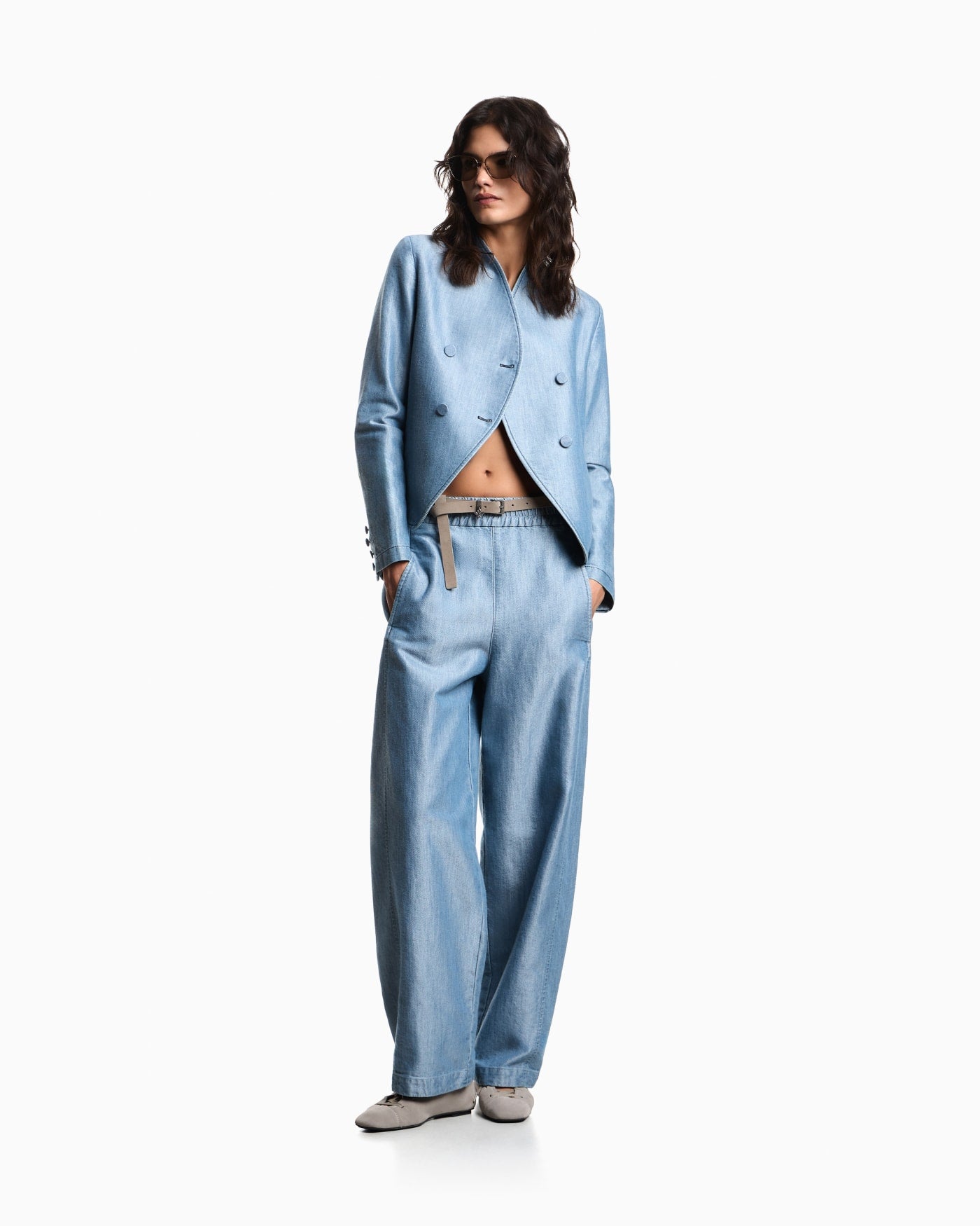 Blazer in metal-look denim with double-breasted wrap front