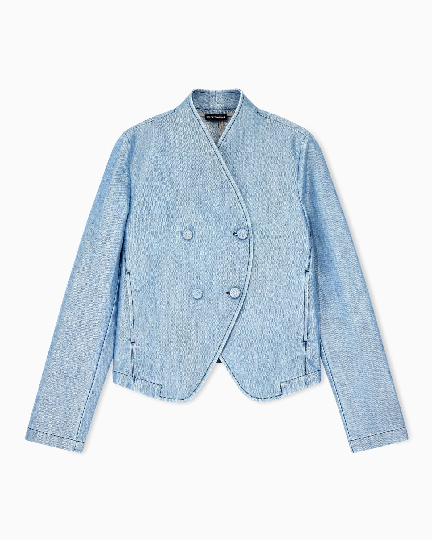 Blazer in metal-look denim with double-breasted wrap front
