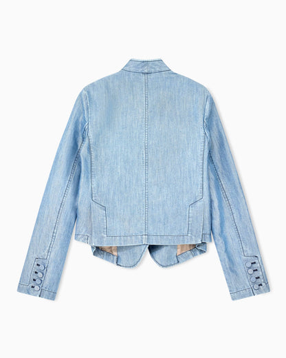 Blazer in metal-look denim with double-breasted wrap front