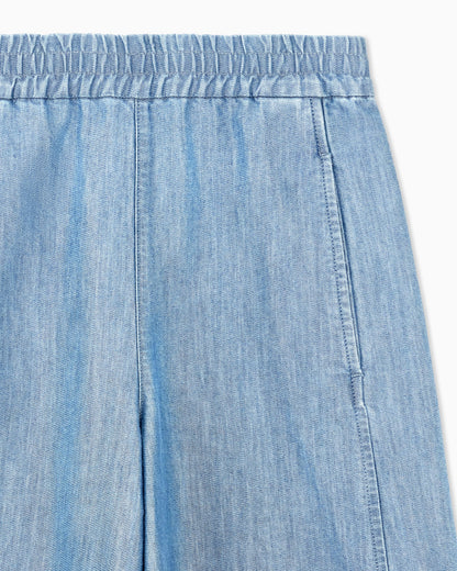Wide-leg metal-look denim trousers with an elastic waist