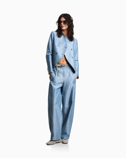 Wide-leg metal-look denim trousers with an elastic waist