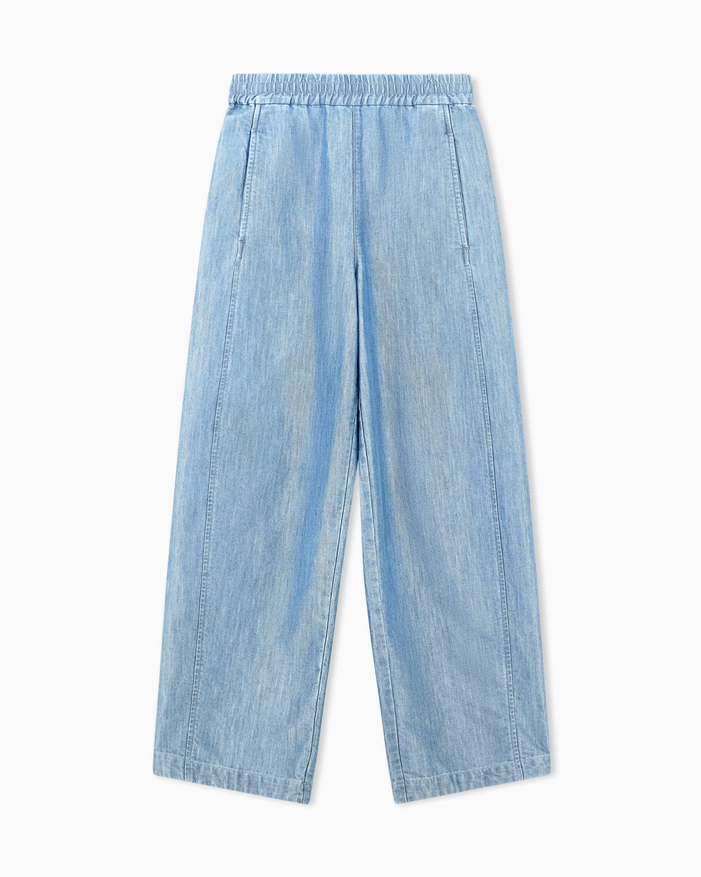 Wide-leg metal-look denim trousers with an elastic waist