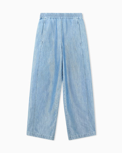 Wide-leg metal-look denim trousers with an elastic waist