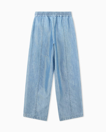 Wide-leg metal-look denim trousers with an elastic waist