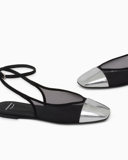 Mesh and suede flat sandals with a mirrored cap toe
