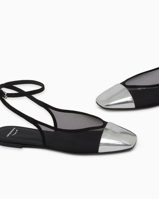 Mesh and suede flat sandals with a mirrored cap toe
