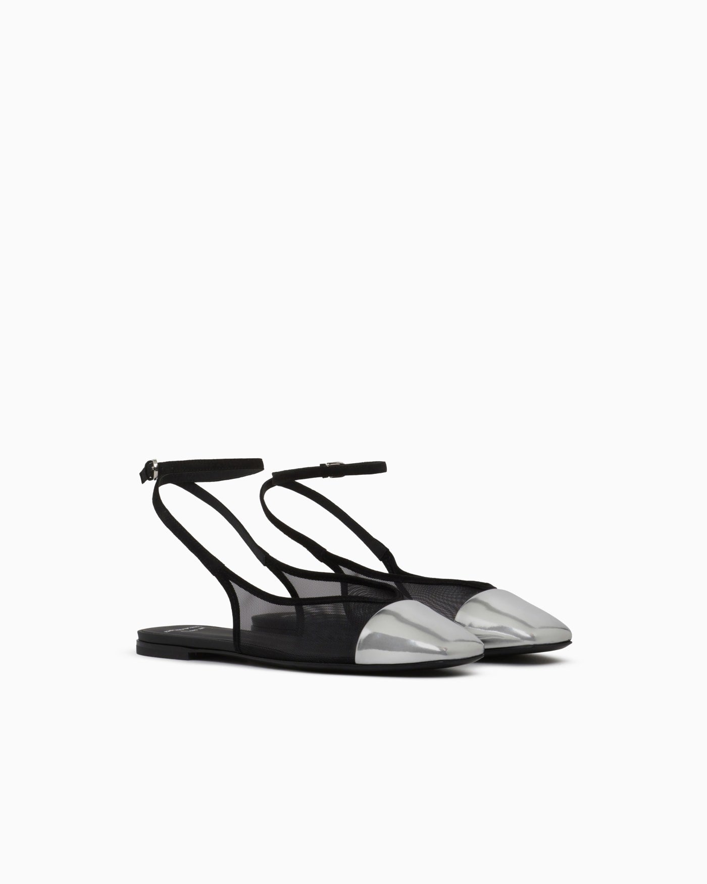 Mesh and suede flat sandals with a mirrored cap toe