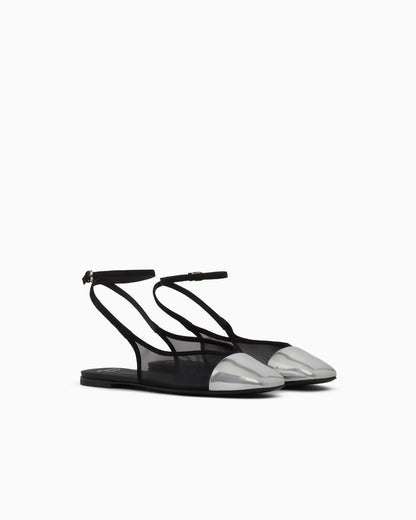 Mesh and suede flat sandals with a mirrored cap toe