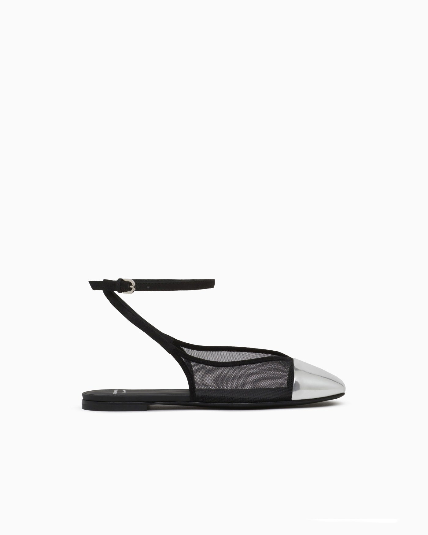Mesh and suede flat sandals with a mirrored cap toe