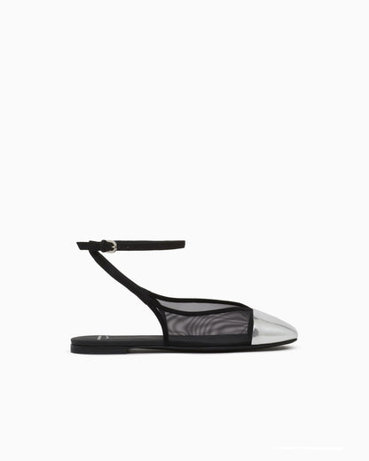 Mesh and suede flat sandals with a mirrored cap toe